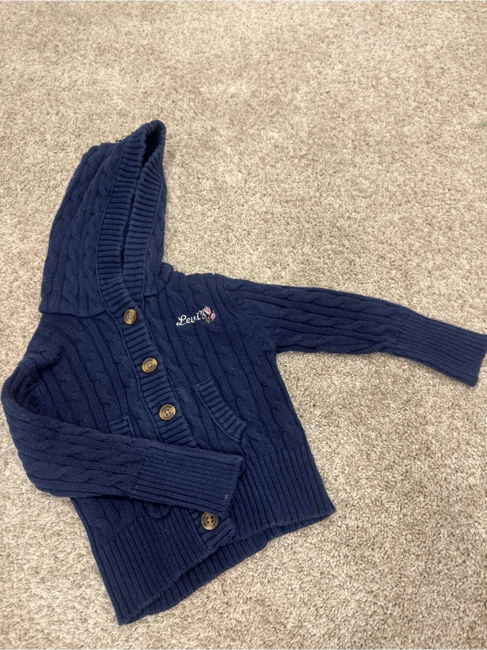 Mid 2000s Girls' Toddler Prep Levi's Navy Hooded Cable Knit Cardigan Sweater